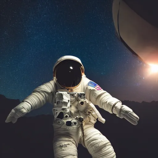 Prompt: photograph of an astronaut against night sky, only arms and legs are lit, full body photo,, 8 k