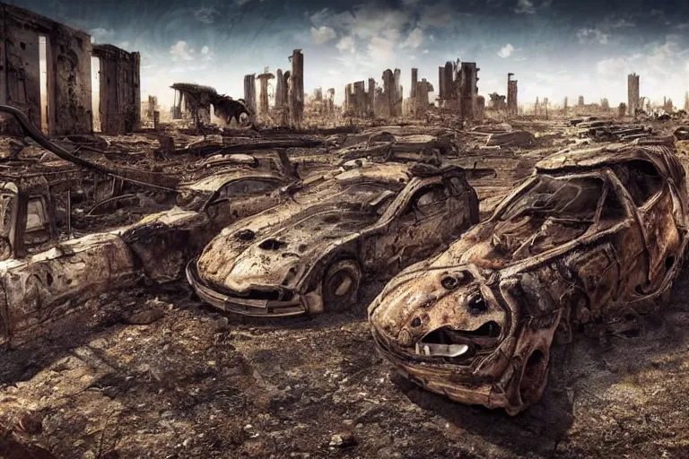 Image similar to intense sun desert landscape futuristic city ruins fallout post apocalyptic, car shell