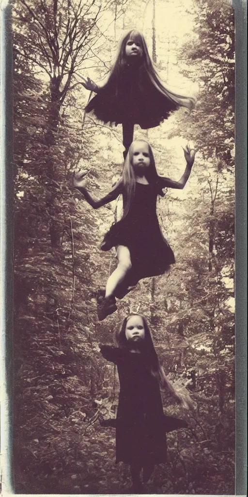 Prompt: old polaroid photo of a young witch girl floating in the air with her arms outstretched in a forest, long hair hanging down. dark and spooky, muted colours, flash photography, young face