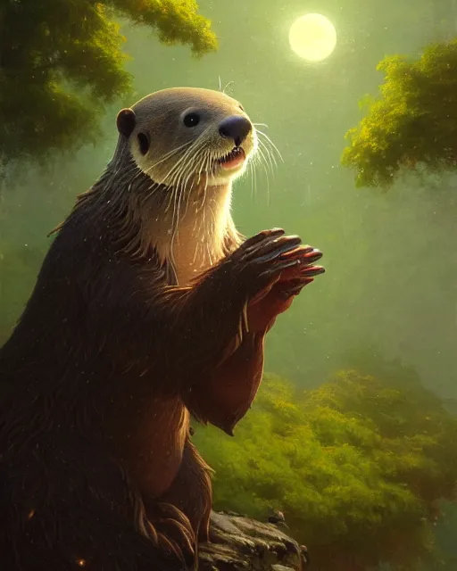 Prompt: a portrait of beautiful anthropomorphic otter fursona, d & d, fantasy, mist, full moon in background, trees, hyper detailed,, midium shot, an oil painting by ruan jia, trending on artstation, concept art, sharp focus, illustration, gaston bussiere, craig mullins, j. c. leyendecker, beautiful lighting