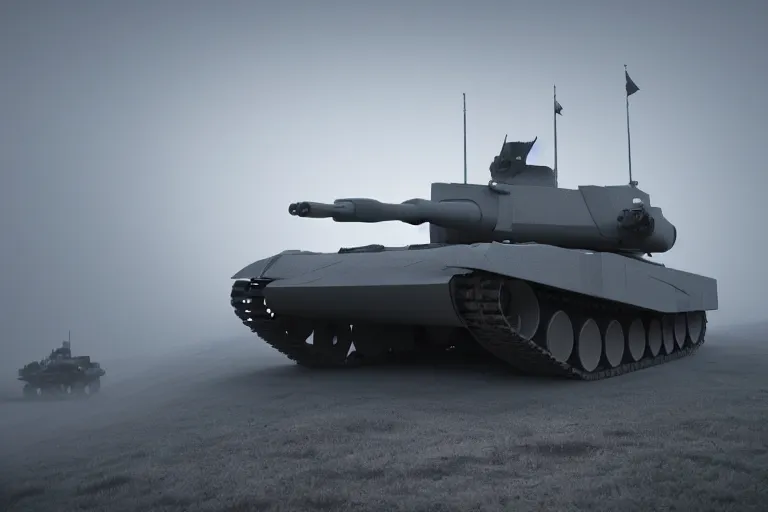 Image similar to futuristic battle tank, battle, fog, 8 k