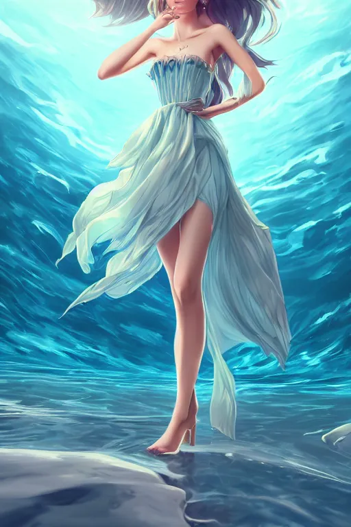 Image similar to a beautiful fashion goddness of love, chic strapless dress, tropical sea background, character design, in the style of artgerm, and wlop, cinematic lighting, hyperdetailed, 8 k realistic, symmetrical, global illumination, radiant light, frostbite 3 engine, cryengine, dof, trending on artstation, digital art