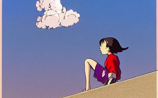 Image similar to a girl sitting on the roof of a building watching a mushroom cloud in the distance, art by hayao miyazaki, studio ghibli film,