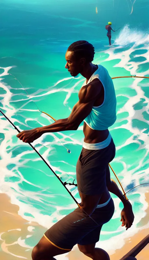 Image similar to highly detailed portrait of one athletic modern jamaican man, fishing, magical glowing fishing rod, ocean background, symmetry, unreal engine, fantasy art by greg rutkowski, loish, rhads, makoto shinkai and lois van baarle, ilya kuvshinov, rossdraws, tom bagshaw, global illumination, radiant light, detailed and intricate environment