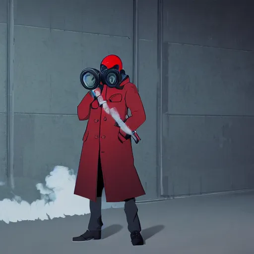 Prompt: hooden villain wearing a gas mask with red goggles, smoke coming out of his long coat, dark background, wall with graffiti, unreal engine 5, ultra realistic, detailed, fog, studio ghibli inspired,