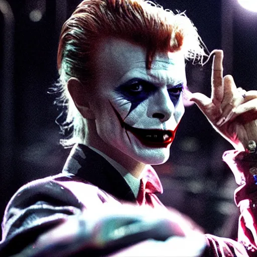 Prompt: awe inspiring David Bowie pkaying The Joker 8k hdr movie still dynamic lighting