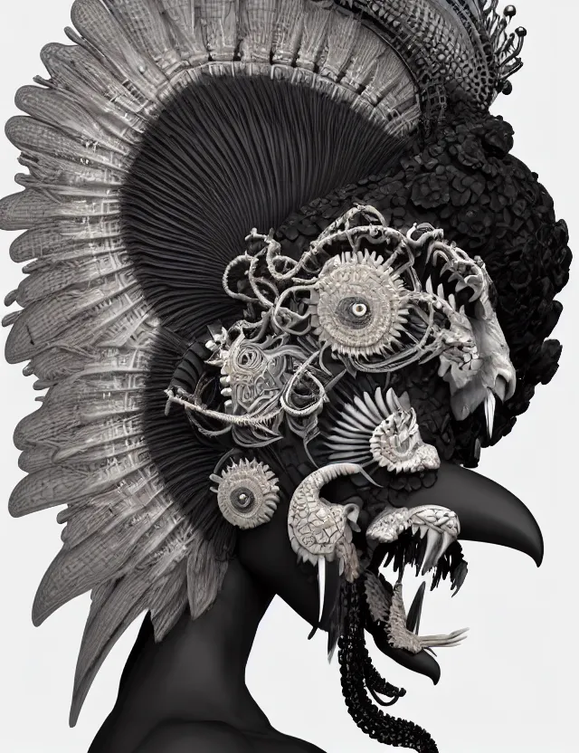 Image similar to 3 d goddess close - up profile portrait punk with mohawk in victorian style with ram skull. beautiful intricately detailed japanese crow kitsune mask and clasical japanese kimono. betta fish, jellyfish phoenix, bio luminescent, plasma, ice, water, wind, creature, artwork by tooth wu and wlop and beeple and greg rutkowski