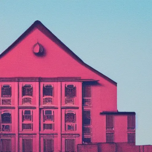 Image similar to a beautiful painting of a building in a serene landscape, anaglyph filter