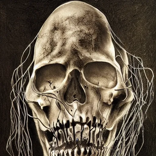 Prompt: award - winning painting of a skeleton infested with pitch black, tar - like, shadow roots with lots of tendrils on the skin, black veins, intricate detail, deep black roots, infestation, shadowy, lovecraftian, beksinksi, black and white, chiaroscuro, portrait painting