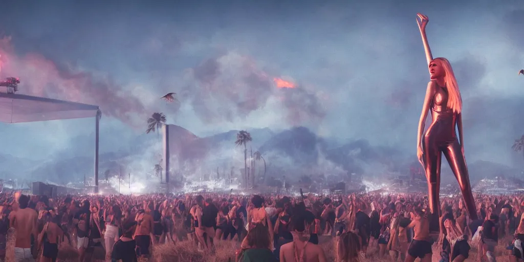 Image similar to realistic cinematic views of a orwellian coachella with fires in the background and dead seagulls falling from the sky in front of the main stage worshipping a large statue of kylie jenner, hyper detailed, terror glows, hyper realistic, digital painting, 8 k, 3 5 mm film grain, octane render