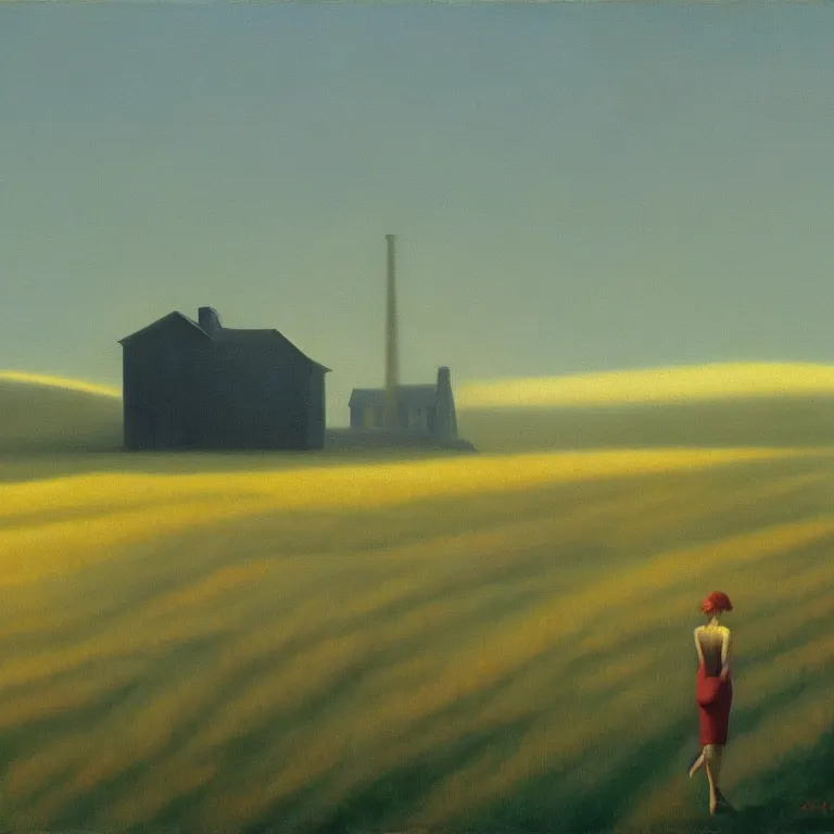 Prompt: alien abduction in cornfield, fog, early morning, , painted by Edward Hopper, painted by Wayne Barlow, airbrush