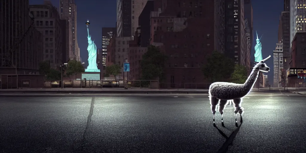 Image similar to a llama walking through a desolate manhattan city street at night, statue of liberty seen in the background, realistic 4 k octane beautifully detailed render, 4 k post - processing, highly detailed, detailed face, intricate complexity, epic composition, magical atmosphere, cinematic lighting, masterpiece, color picture, ultra hd