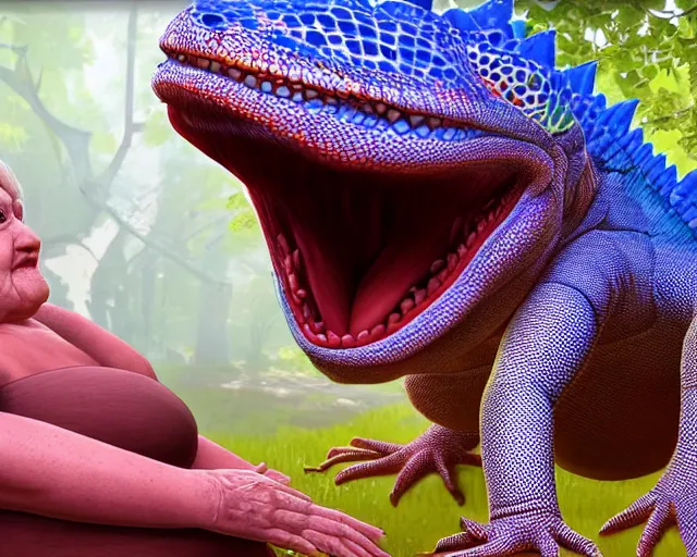 Image similar to of a very beautiful scene. ambient occlusion render. a sweet fat old woman is giving birth to a huge colorful lizard. hyper realistic. 4 k. wide angle. wild. symmetrical face, red mouth, blue eyes. deep focus, lovely scene. ambient occlusion render. concept art. unreal engine.