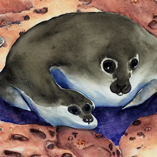 Prompt: “cave salamanders swarming over a baby seal, watercolor painting”