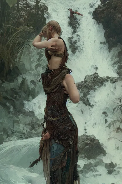 Image similar to a full body portrait of a beautiful post apocalyptic offworld neoicelandic biofarmer swimming by the waterfalls, intricate, elegant, highly detailed, digital painting, artstation, concept art, smooth, sharp focus, illustration, art by krenz cushart and artem demura and alphonse mucha