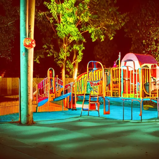 Image similar to old kids playground at night, liminal, vintage, 3 5 mm film, nostalgic and euphoric, 4 k, 8 k, photorealistic, film grain, chromatic aberration