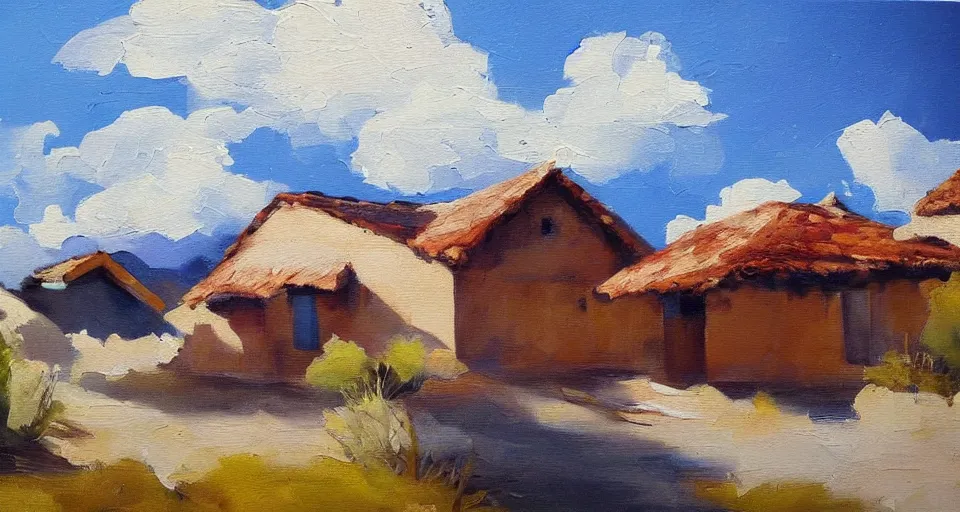 Image similar to an expensive adobe house, blue sky with clouds, beautiful painting, oil on canvas, by ewa czarniecka, award winning masterpiece,