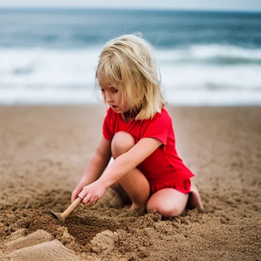 Image similar to little blond girl, making a sandcastle!!! on an Australian Beach, (((red)))!!! sand, shovel, waves, golden hour, Canon EOS R3, f/1.4, ISO 200, 1/160s, 8K, RAW, unedited, symmetrical balance, in-frame