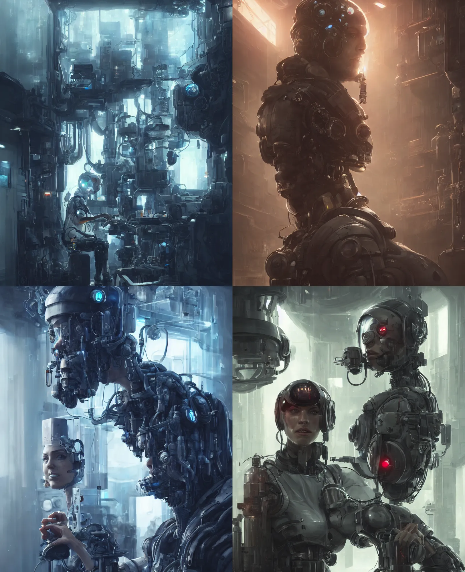 Image similar to a closeup portrait of a human operator working the laboratory, sci - fi character, cyberpunk suit, cinematic composition, hyper detailed, matte painting, highly detailed, greg rutkowski, cedric peyravernay, anato finnstark, artstation, 8 k