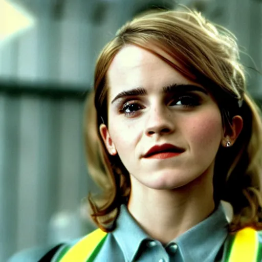 Image similar to photo, close up, emma watson in a hi vis vest, in warehouse, android cameraphone, film still from 1 9 7 4 movie, 2 6 mm,