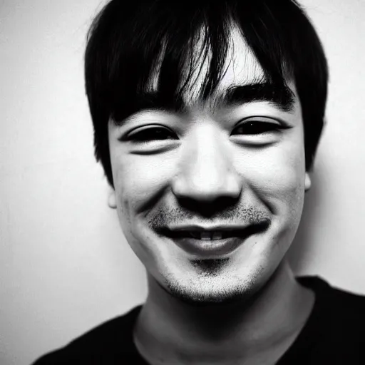 Prompt: very old photo of joji grinning at the camera with his head being slightly tilted to the right, lots of grain, red reflection in eyes, dark pitch black background, in te style of the album ballads 1.