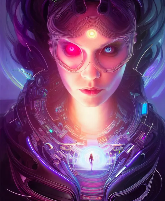 Image similar to a whirlwind of souls rushing inside the metaverse, hologram, half body, neurochip, shaved temple, piercing, jewelry, android, cyborg, cyberpunk face, by loish, d & d, fantasy, intricate, elegant, highly detailed, colorful, digital painting, artstation, concept art, art by artgerm and greg rutkowski and alphonse mucha