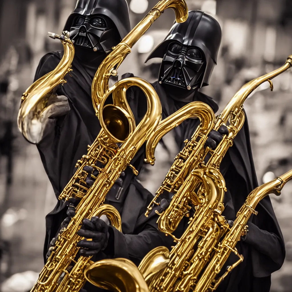 Prompt: high quality photo of darth playing the saxophone, photography 4k, f1.8 anamorphic, bokeh, 4k, Canon, Nikon