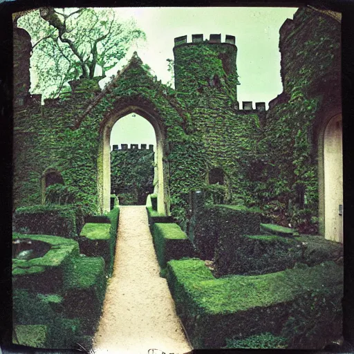 Prompt: courtyard walkway in an overgrown castle, surreal, polaroid,