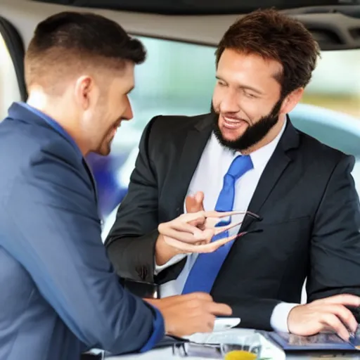 Image similar to car salesman pitching bad cannabis to an unsuspecting customer