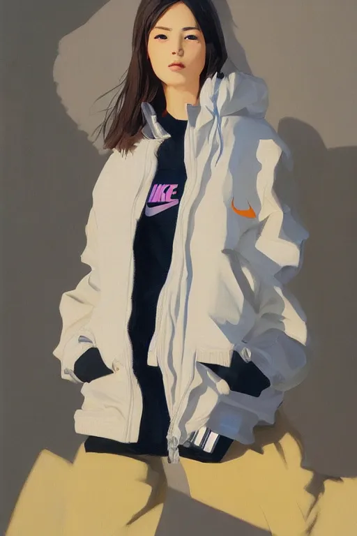 Prompt: A ultradetailed beautiful panting of a stylish girl with her hands in her pockets, she is wearing an oversized Nike jacket, Oil painting, by Ilya Kuvshinov, Greg Rutkowski and Makoto Shinkai