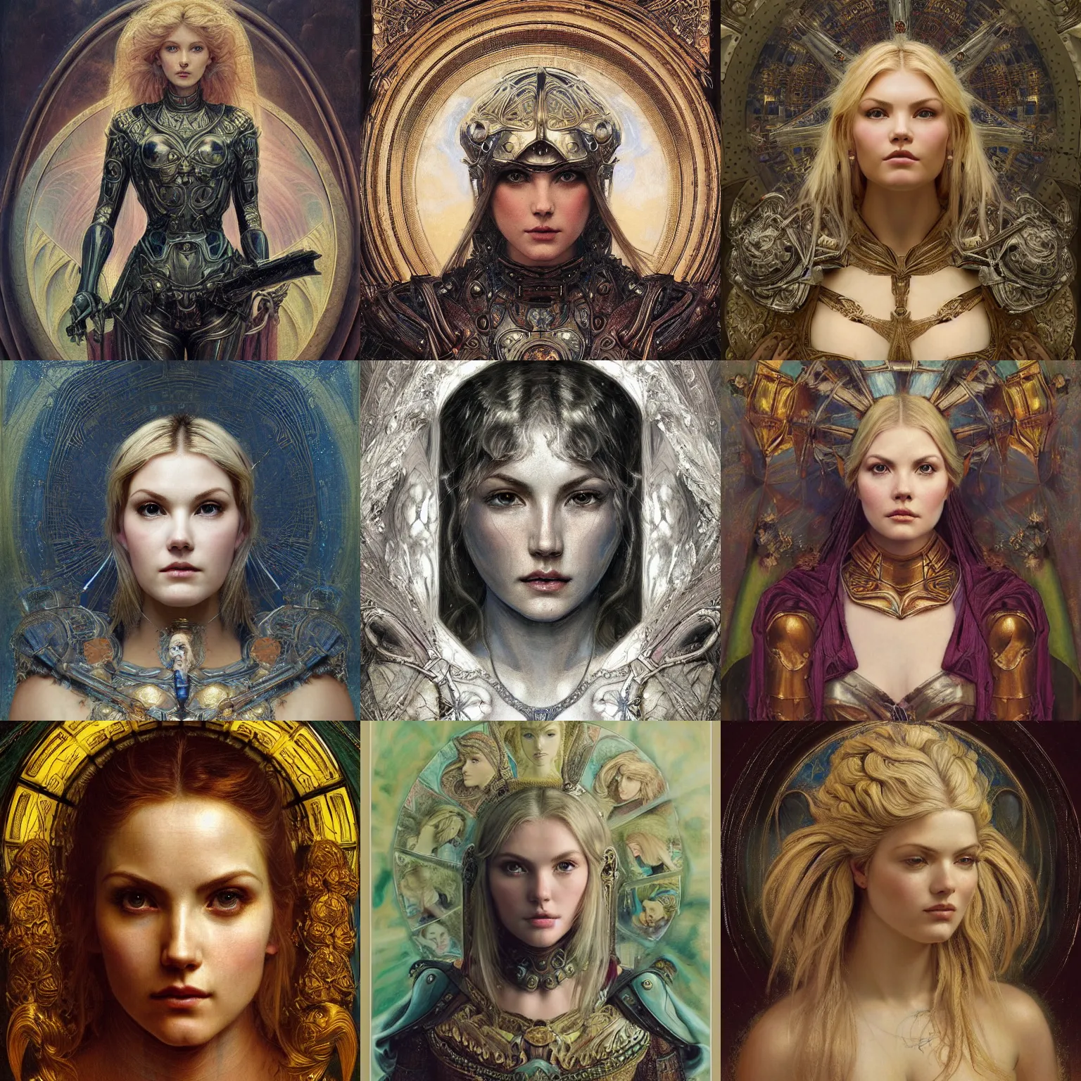 Prompt: masterpiece head-on symmetrical centered portrait, Elisha Cuthbert as a paladin, wearing metal chest armour, blonde hair, masterpiece fractal background, elegant, distant, Pre raphaelite art style, in the style of Edgar Maxence and Ross Tran and Zdzisław Beksiński and Gustave Doré and H.R. Giger and Mucha, specular highlights, 8k, octane render