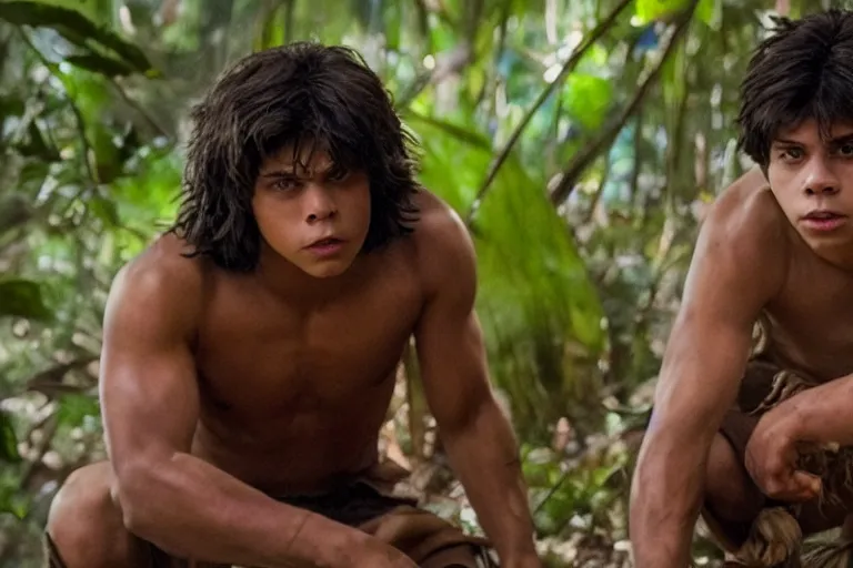 Prompt: jake t. austin plays mowgli in the live action adaptation of the jungle book, red weapon 8 k s 3 5, cooke anamorphic / i lenses, highly detailed, cinematic lighting