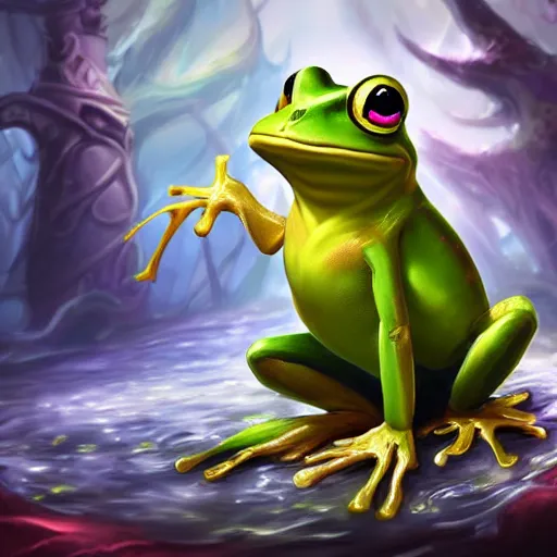 Image similar to beatiful art league of legends splash art of a frog in a swamp