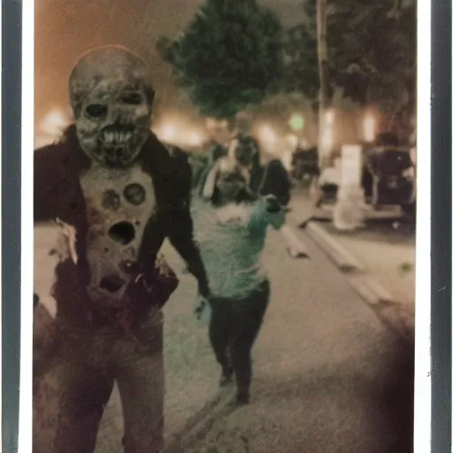 Image similar to a crime scene polaroid color photo of a zombie attack