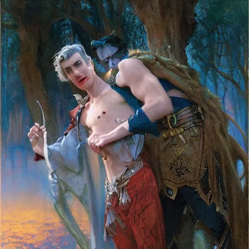 Image similar to attractive male fairy of the forest confesses his love to attractive male dracula the vampire. highly detailed painting by gaston bussiere, craig mullins, j. c. leyendecker 8 k