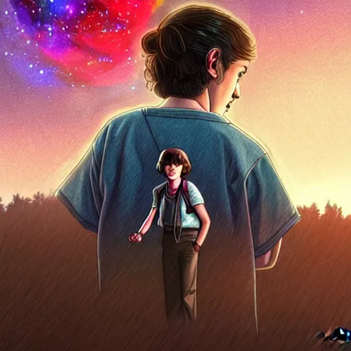 Prompt: eleven from stranger things, nighttime, outdoors, town background, intricate, highly detailed, digital painting, artstation, official media, anime key visual, concept art, ambient lighting, sharp focus, illustration, 1980's anime style, art by Artgerm, Makoto Shinkai, Ilya Kuvshinov, Lois Van Baarle, and Rossdraws