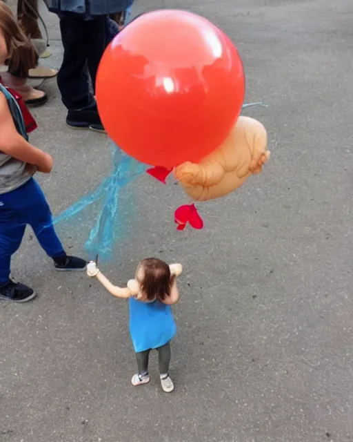 Prompt: child holding a balloon tardigrade on a string. helium balloon in the shape of a cute tardigrade.