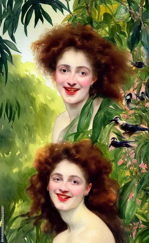Prompt: 8 k uhd the face of a young woman with marble complexion, angelic features, her face framed with curls, her head raised in rapture, laughing, symmetrical eyes, watercolor by john singer sargent, background lush vegetation, insects and birds