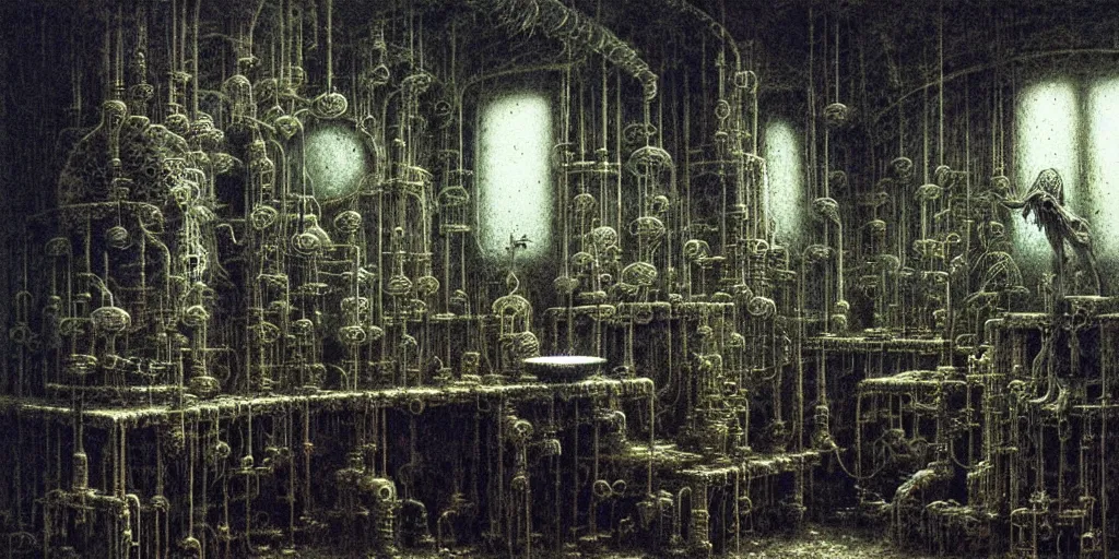 Image similar to detailed laboratory of alchemist and mage by Beksinski, Luis Royo