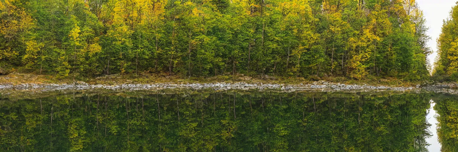 Prompt: a Lake next to a winding Road with many trees and reflections