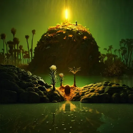 Prompt: creature in a desert lush vegetation, warm tones, night, water reflection, bioluminescent translucent : : by michal karcz, daniel merriam, victo ngai and guillermo del toro : : ornate, dynamic, particulate, intricate, elegant, highly detailed, centered, artstation, smooth, sharp focus, octane render, 3 d