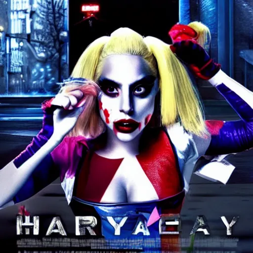 Image similar to an awe inspiring photorealistic movie poster featuring Lady Gaga as Harley Quinn hdr