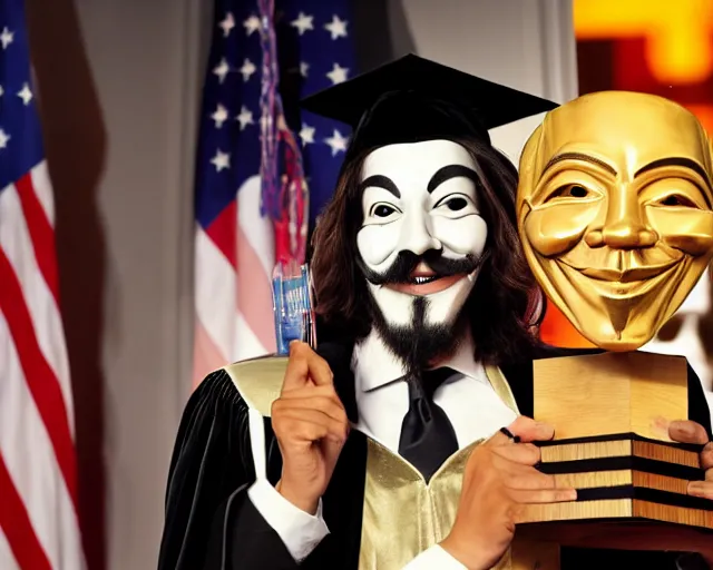 Image similar to man wearing guy fawkes mask accepts award from obama, university graduation pose, photo, cinematic lighting