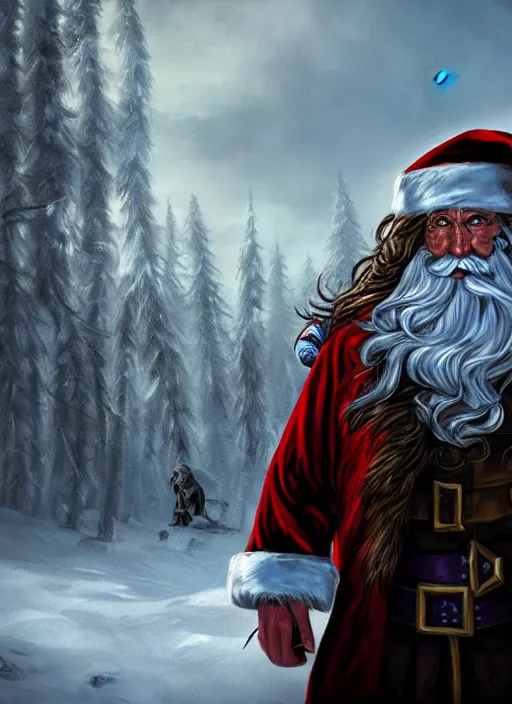 Prompt: An epic fantasy comic book style portrait painting of a long haired, evil Santa Claus in the abandoned North-pole after the apocalypse, unreal 5, DAZ, hyperrealistic, octane render, by Greg Rutkowski, RPG portrait, dynamic lighting