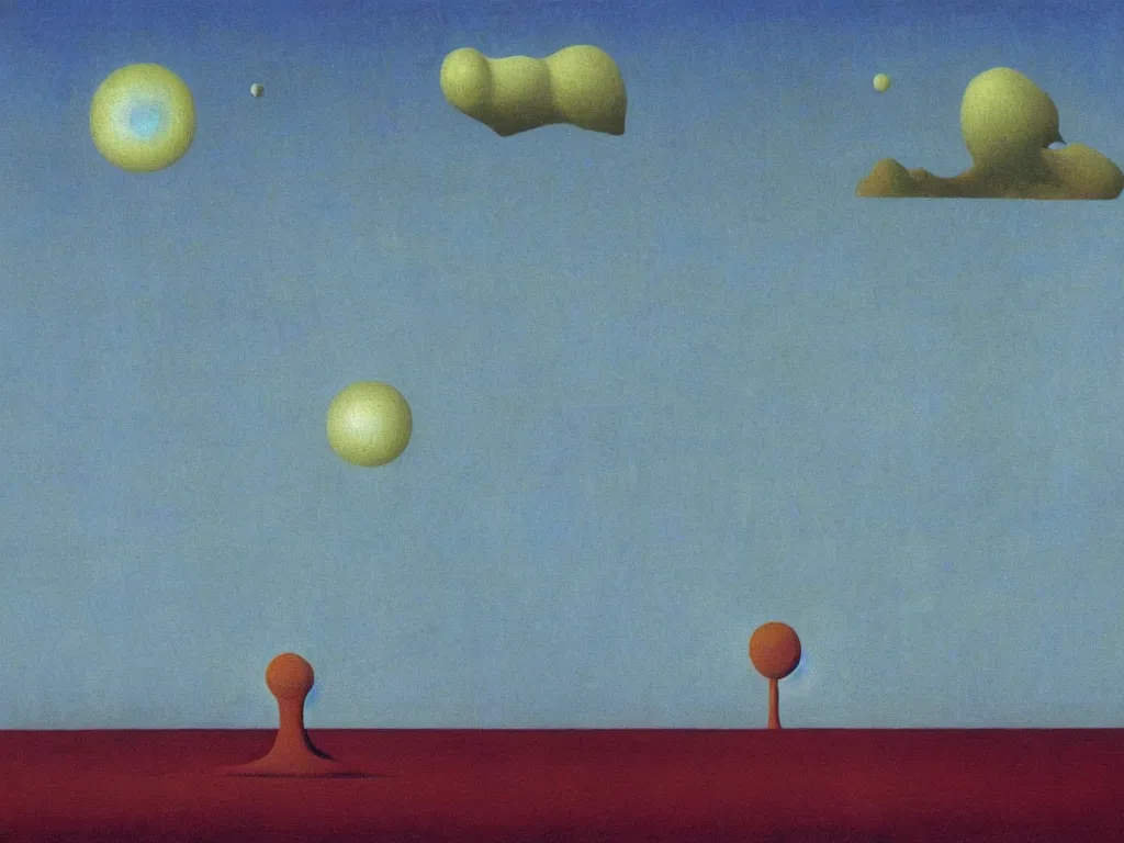 Image similar to Glowing blue eyes floating over the salt desert. Extinct fauna. Rust, spiral, melancholy, star. Painting by Rene Magritte, Agnes Pelton, Max Ernst, Yves Tanguy, Beksinski