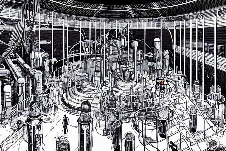 Image similar to a scifi illustration, factory interior. seen from above. vats of fluid. flat colors, limited palette in FANTASTIC PLANET La planète sauvage animation by René Laloux