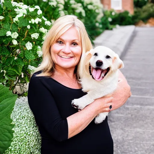 Image similar to 5 0 year old mildly overweight blonde woman, welcoming grin, wearing black, surrounded by hydrangeas, small white dog at her side, portrait, headshot, detailed, high quality