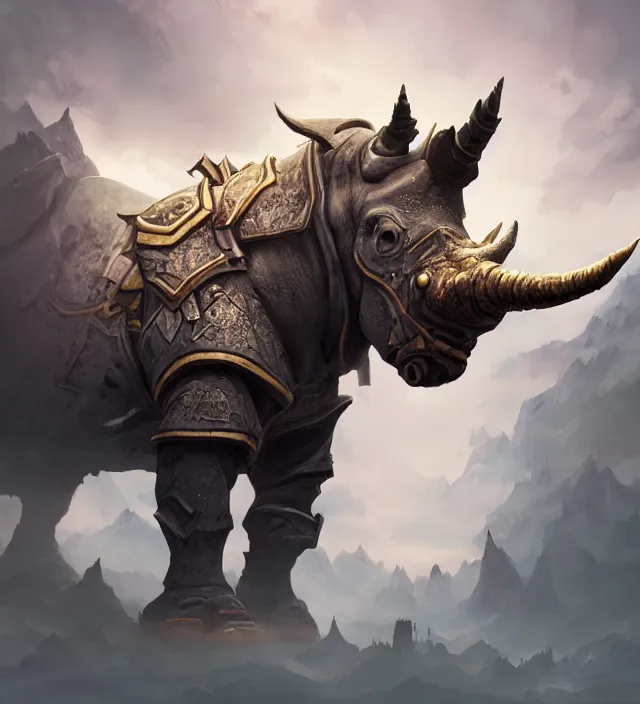 Image similar to a well rendered anthropomorphic rhinoceros portrait, world of Warcraft armor, subject in the center of the frame, rule of thirds, golden ratio, cyberpunk, elegant, digital painting, octane 4k render, zbrush, hyperrealistic, artstation, concept art, smooth, sharp focus, illustration from DnD by Ruan Jia and Mandy Jurgens and Artgerm and William-Adolphe Bouguerea