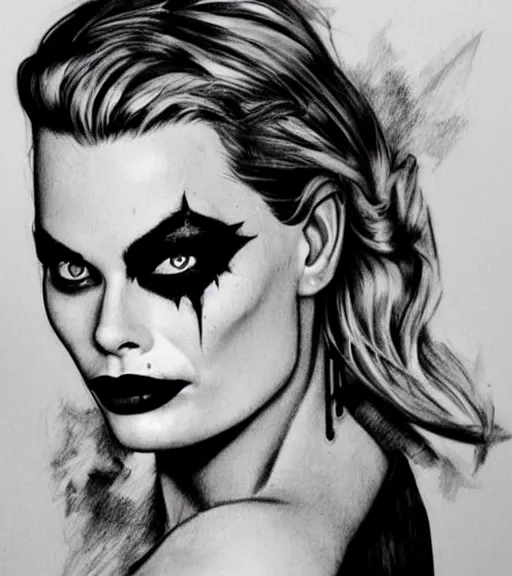 Image similar to tattoo design sketch of beautiful margot robbie portrait with joker makeup, in the style of den yakovlev, realistic face, black and white, faded outline, realism tattoo, hyper realistic, highly detailed