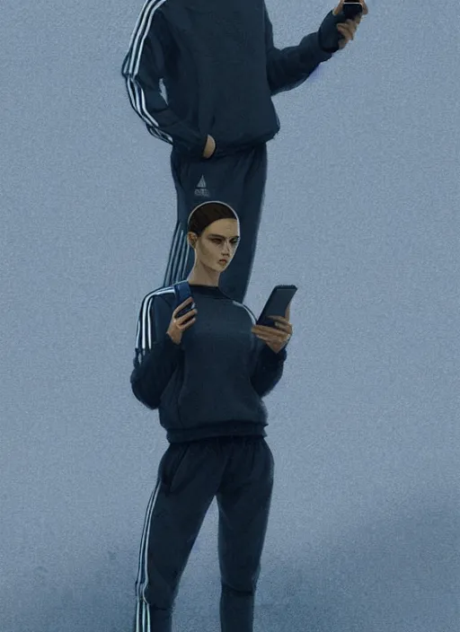 Image similar to portrait of slav heroine wearing an addidas tracksuit with a phone in hand. illuminated phone screen, by greg rutkowski and wlop, detailed, cinematic, 8 k, intricate, rule of thirds.